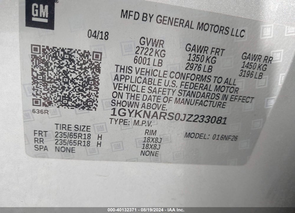2018 CADILLAC XT5 STANDARD VIN: 1GYKNARS0JZ233081
