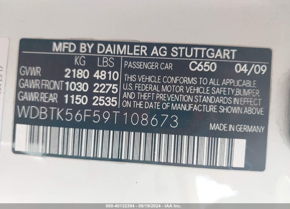 2009 MERCEDES-BENZ CLK 350 VIN: WDBTK56F59T108673