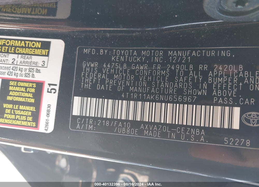 2022 TOYOTA CAMRY VIN: 4T1R11AK6NU656967