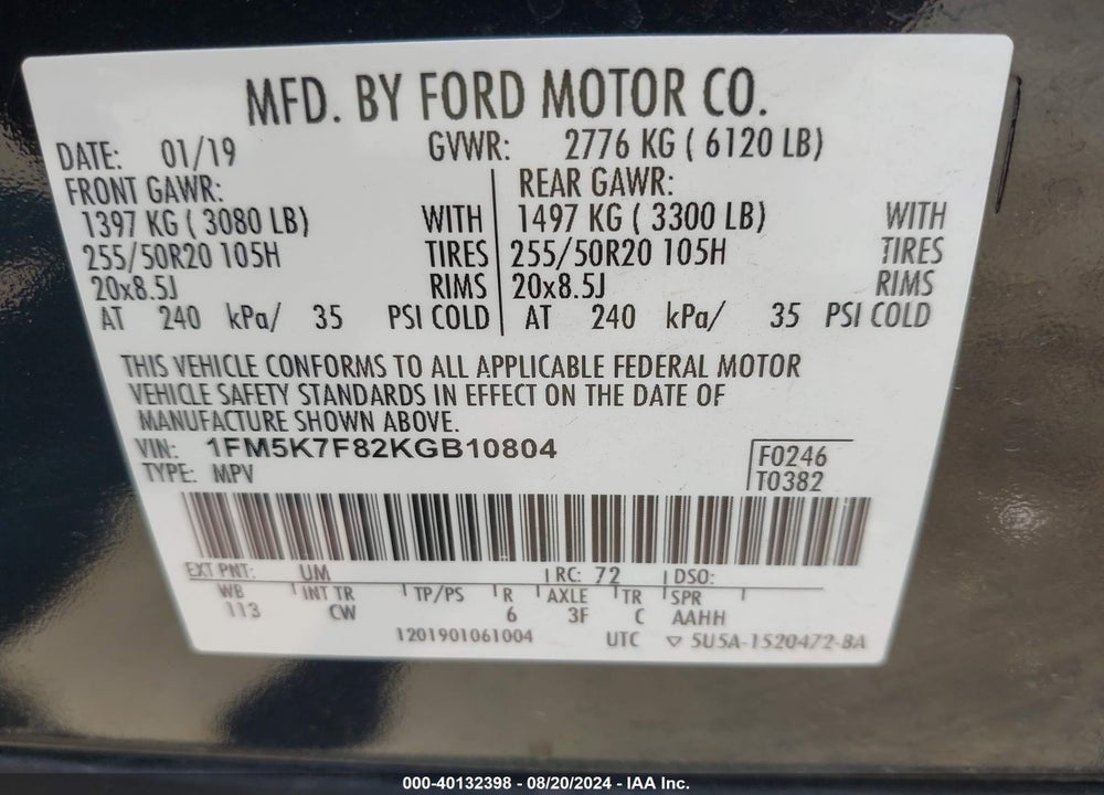 2019 FORD EXPLORER LIMITED VIN: 1FM5K7F82KGB10804