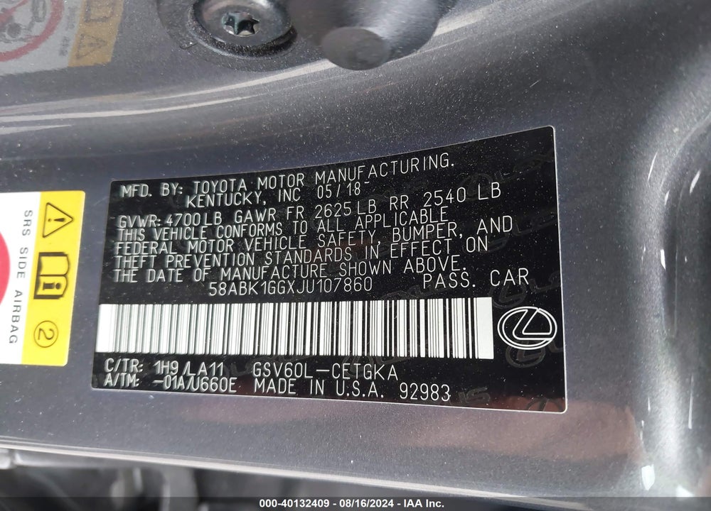 2018 LEXUS ES 350 VIN: 58ABK1GGXJU107860