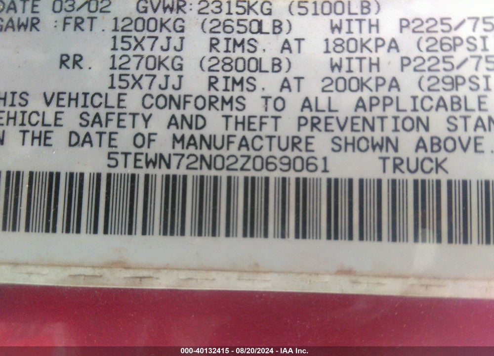 2002 TOYOTA TACOMA BASE V6 VIN: 5TEWN72N02Z069061