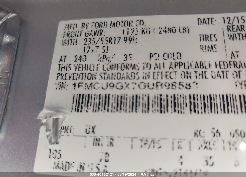 2016 FORD ESCAPE SE VIN: 1FMCU9GX7GUB98583