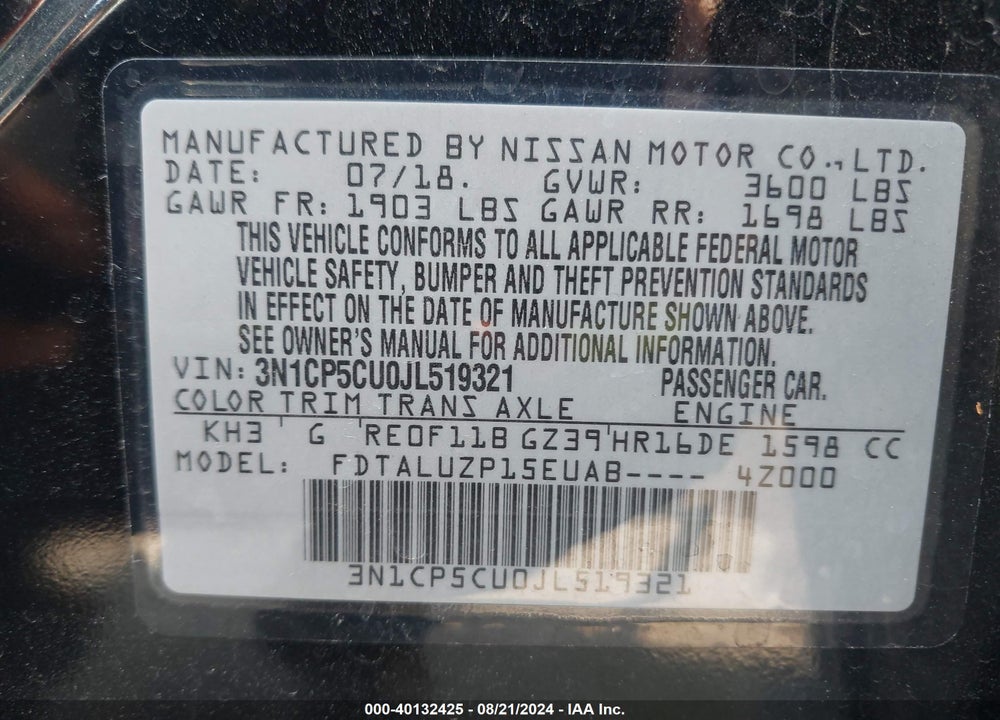 2018 NISSAN KICKS SR VIN: 3N1CP5CU0JL519321