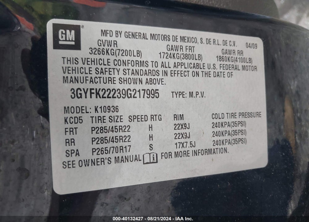 2009 CADILLAC ESCALADE EXT STANDARD VIN: 3GYFK22239G217995