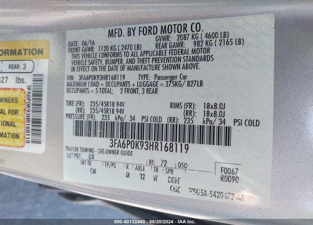2017 FORD FUSION TITANIUM VIN: 3FA6P0K93HR168119