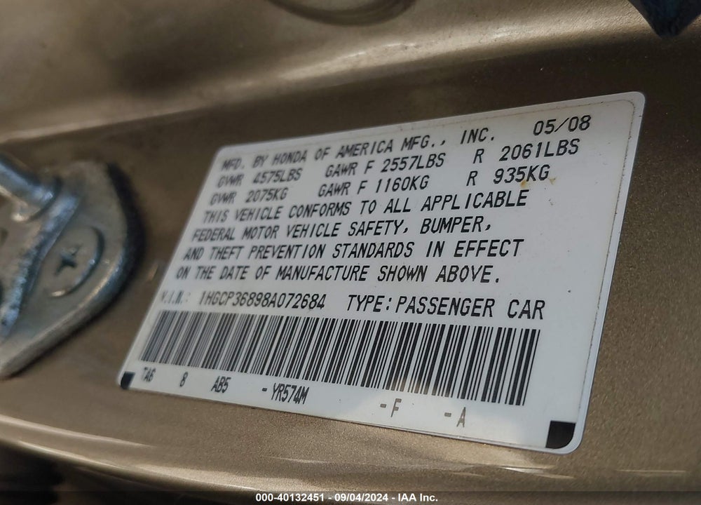 2008 HONDA ACCORD 3.5 EX-L VIN: 1HGCP36898A072684
