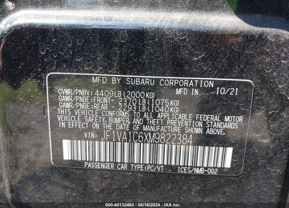 2021 SUBARU WRX PREMIUM VIN: JF1VA1C6XM9822384