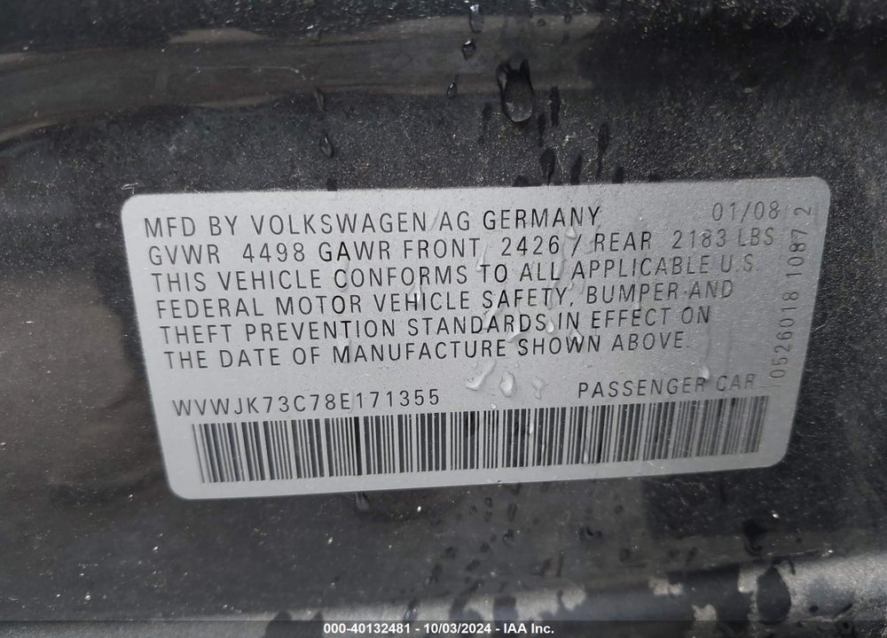 2008 VOLKSWAGEN PASSAT TURBO VIN: WVWJK73C78E171355