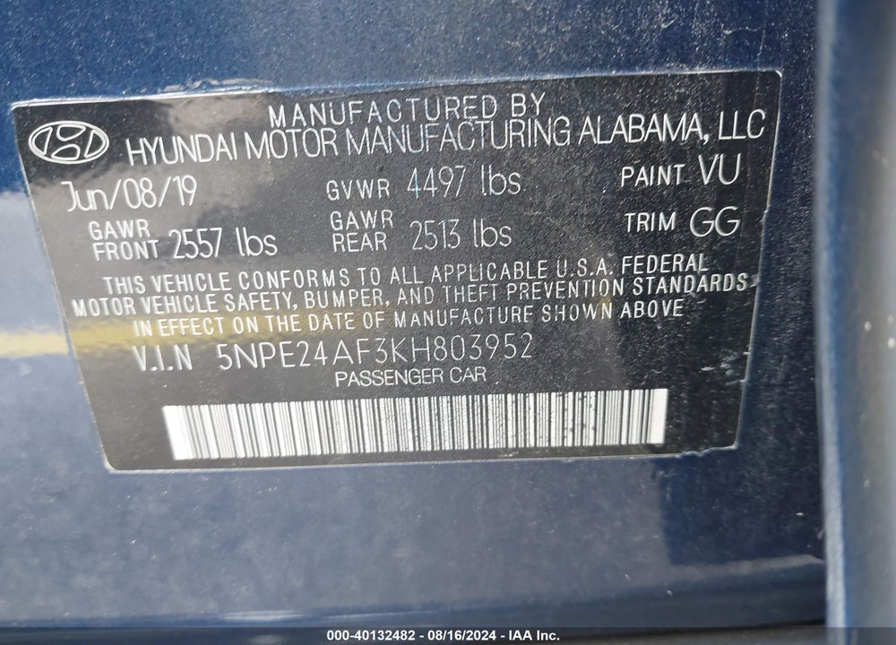 2019 HYUNDAI SONATA SE VIN: 5NPE24AF3KH803952