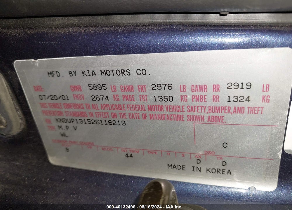 2002 KIA SEDONA EX/LX VIN: KNDUP131526116219