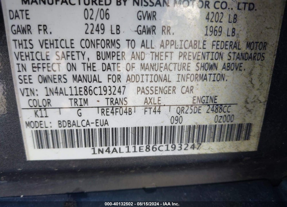 2006 NISSAN ALTIMA 2.5 S VIN: 1N4AL11E86C193247