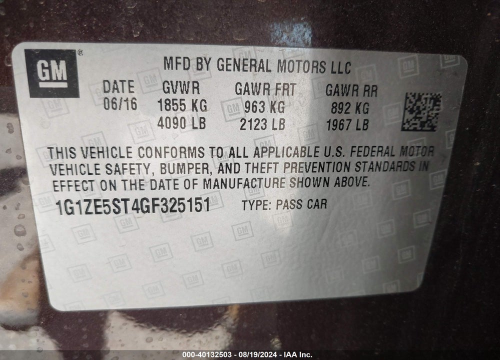2016 CHEVROLET MALIBU 1LT VIN: 1G1ZE5ST4GF325151