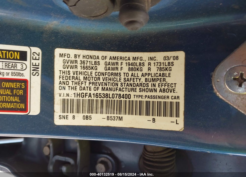 2008 HONDA CIVIC SDN LX VIN: 1HGFA16538L078400