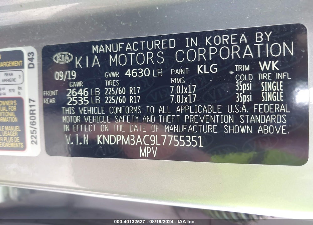 2020 KIA SPORTAGE LX VIN: KNDPM3AC9L7755351