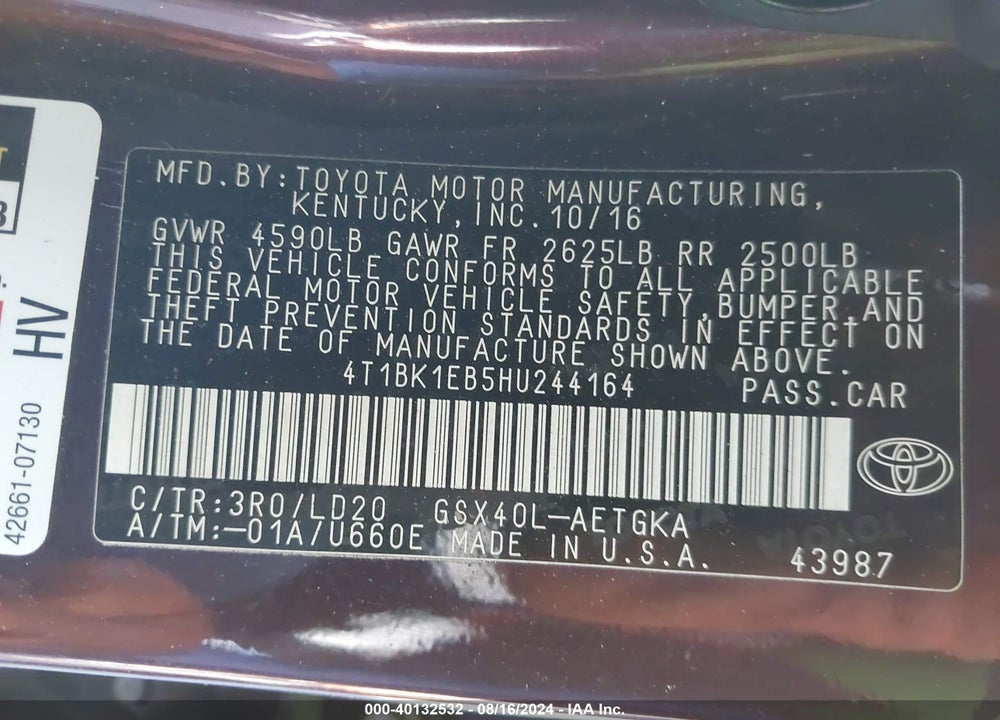 2017 TOYOTA AVALON XLE VIN: 4T1BK1EB5HU244164