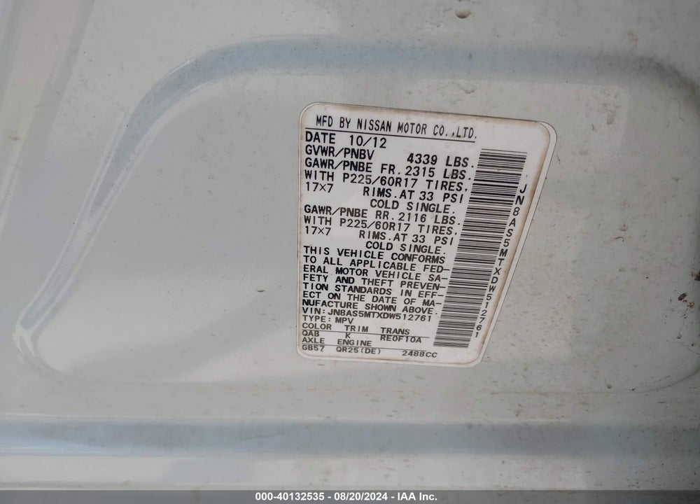 2013 NISSAN ROGUE SV VIN: JN8AS5MTXDW512761