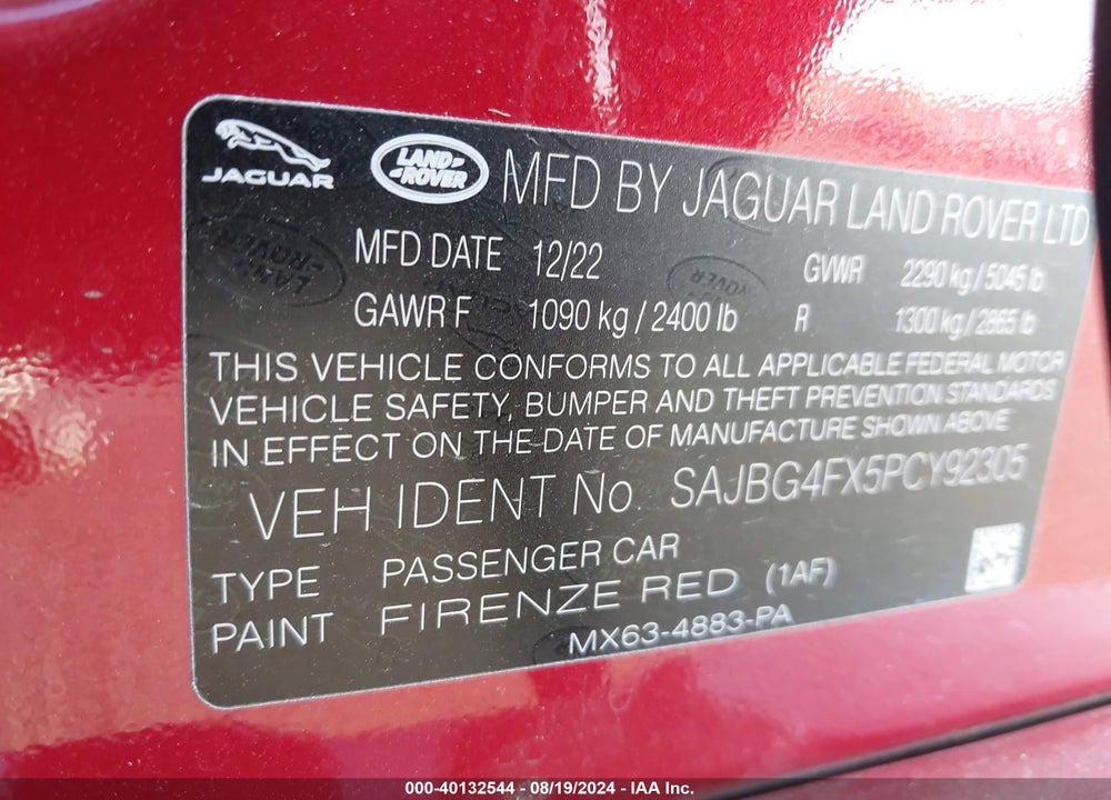 2023 JAGUAR XF SE P250 RWD AUTOMATIC VIN: SAJBG4FX5PCY92305
