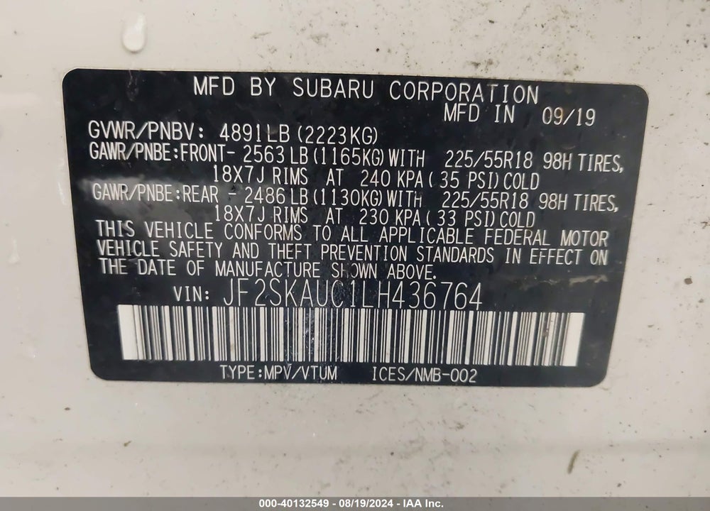 2020 SUBARU FORESTER LIMITED VIN: JF2SKAUC1LH436764