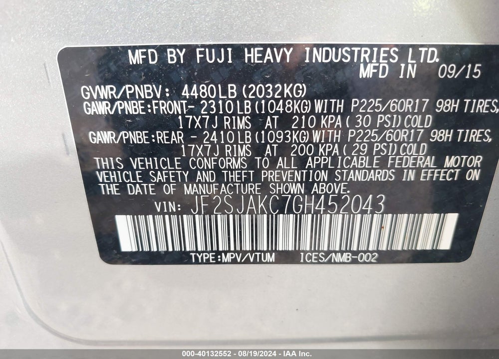 2016 SUBARU FORESTER VIN: JF2SJAKC7GH452043