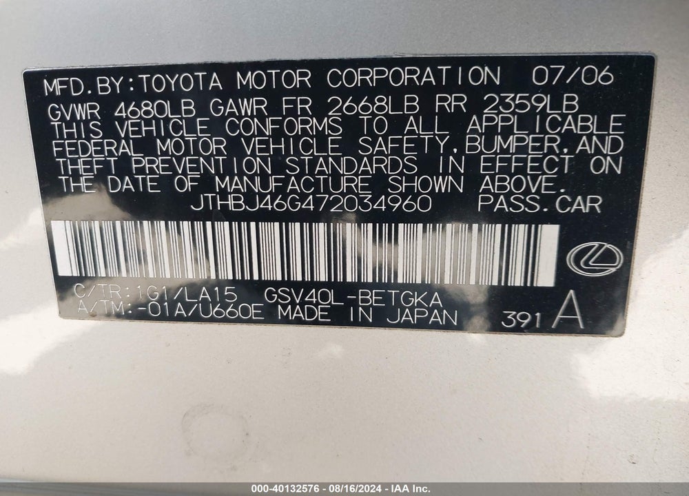 2007 LEXUS ES 350 VIN: JTHBJ46G472034960
