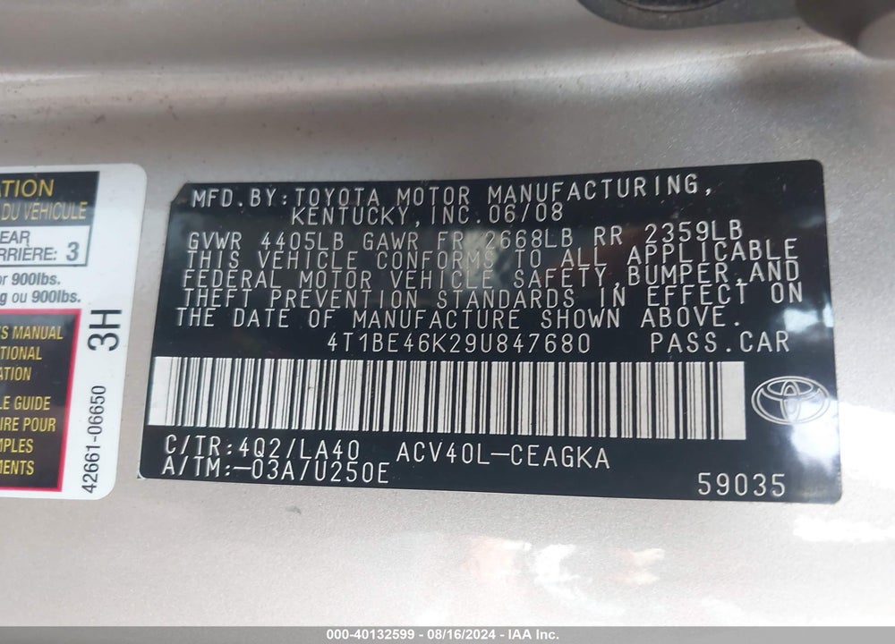2009 TOYOTA CAMRY XLE VIN: 4T1BE46K29U847680