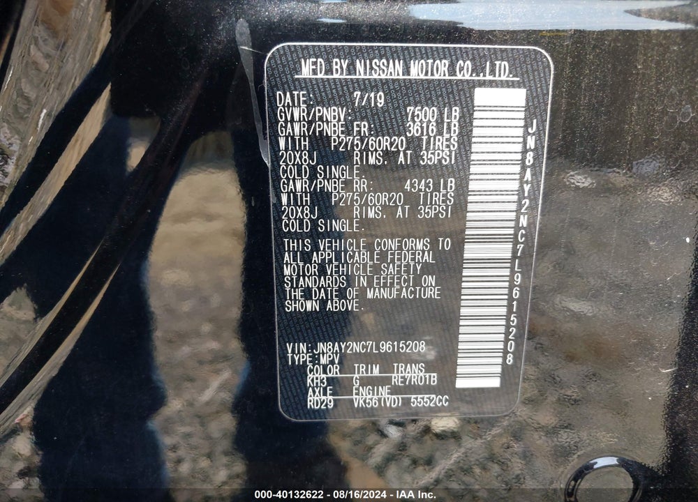 2020 NISSAN ARMADA SL 4WD VIN: JN8AY2NC7L9615208