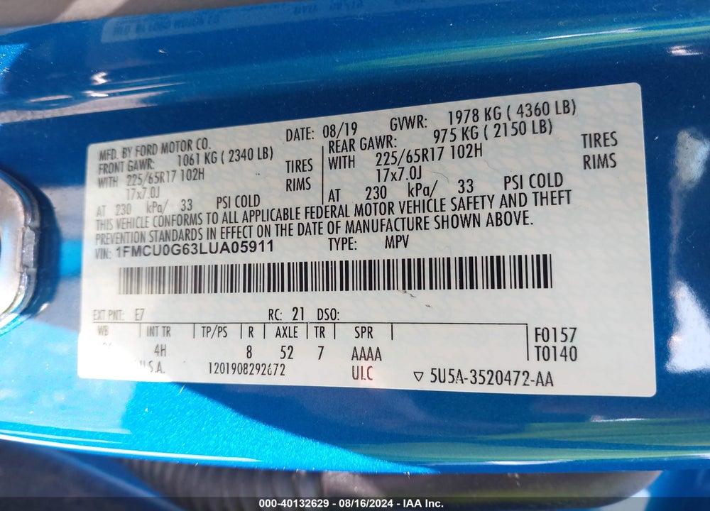 2020 FORD ESCAPE VIN: 1FMCU0G63LUA05911