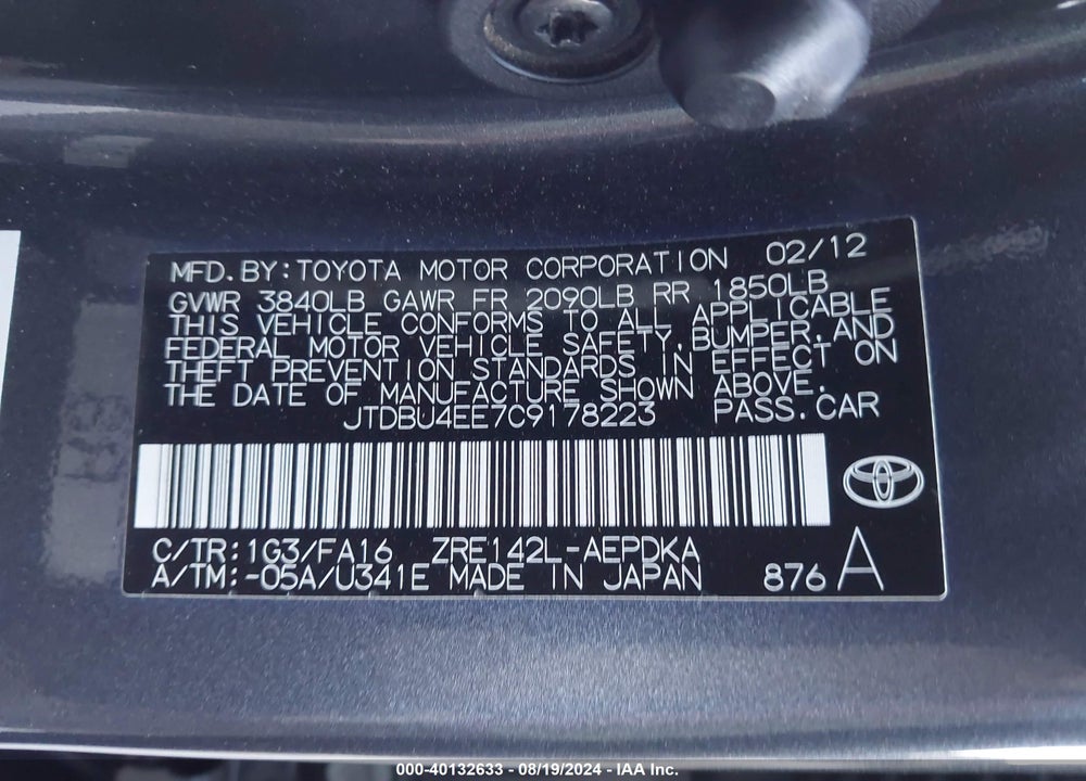 2012 TOYOTA COROLLA L VIN: JTDBU4EE7C9178223