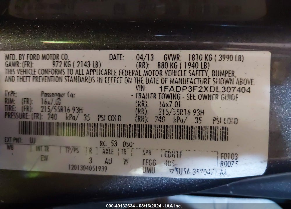2013 FORD FOCUS SE VIN: 1FADP3F2XDL307404