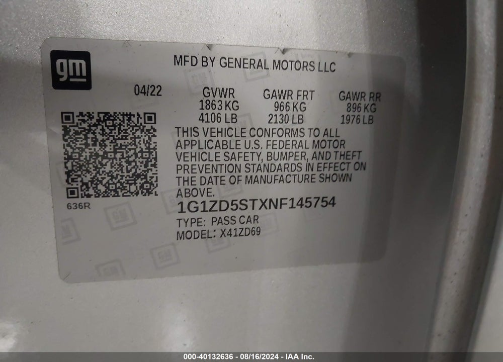 2022 CHEVROLET MALIBU FWD LT VIN: 1G1ZD5STXNF145754
