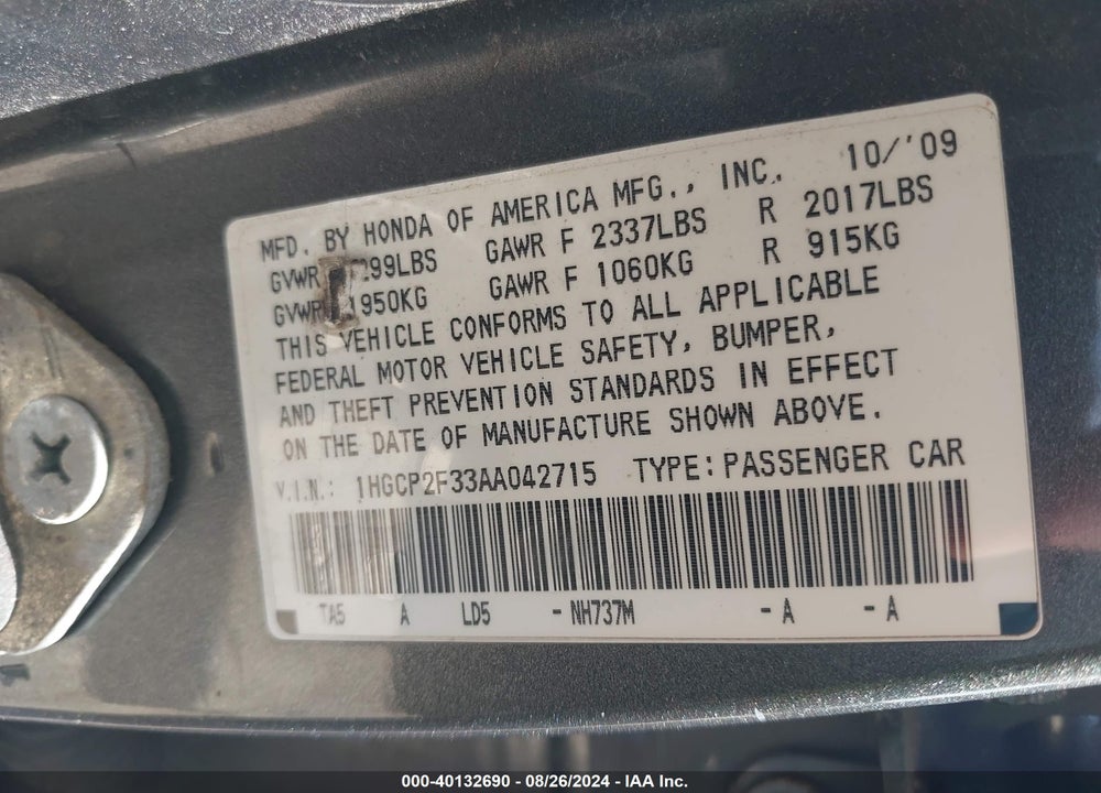 2010 HONDA ACCORD 2.4 LX VIN: 1HGCP2F33AA042715