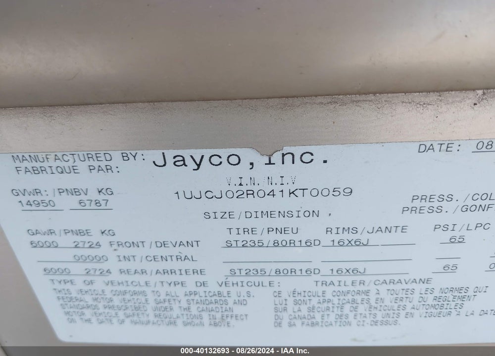 2004 JAYCO --- VIN: 1UJCJ02R041KT0059