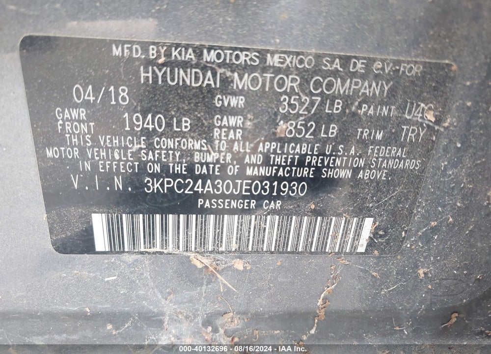 2018 HYUNDAI ACCENT SE VIN: 3KPC24A30JE031930