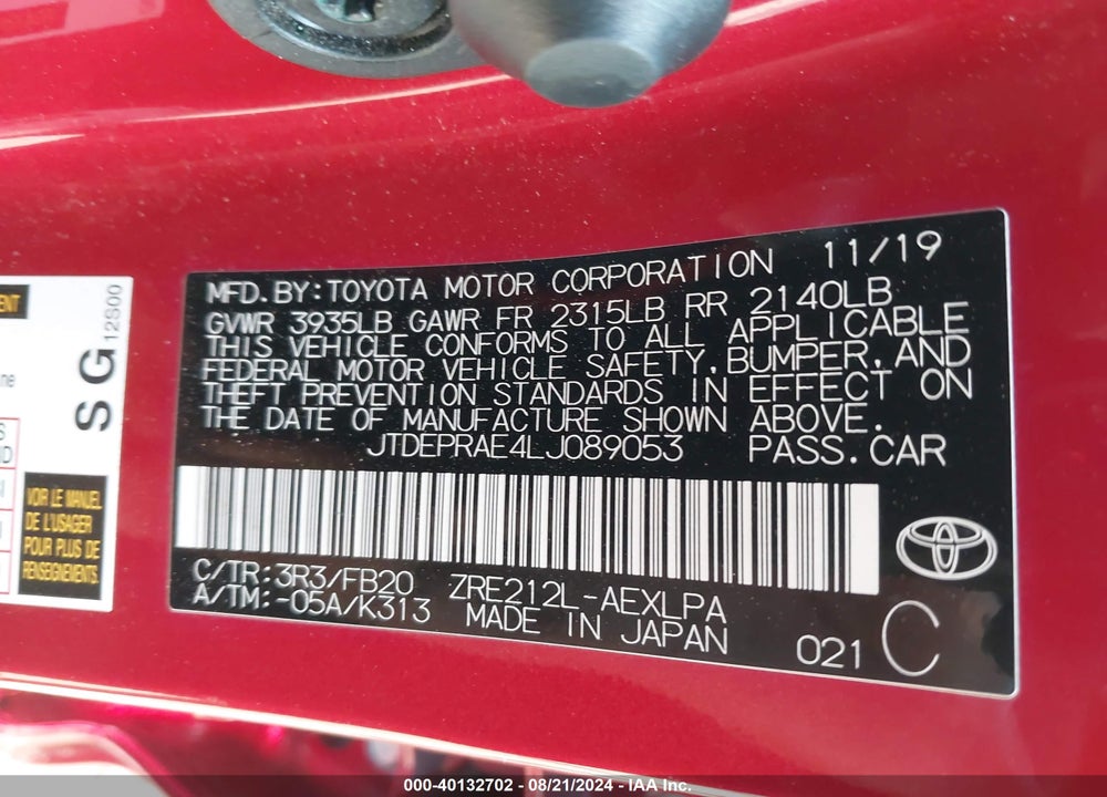 2020 TOYOTA COROLLA LE VIN: JTDEPRAE4LJ089053