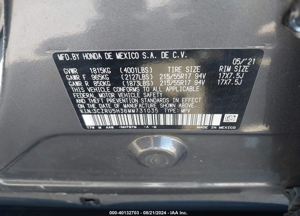 2021 HONDA HR-V 2WD LX VIN: 3CZRU5H36MM731035