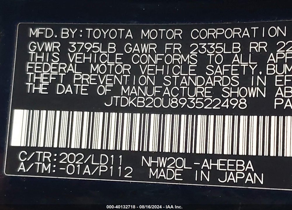 2009 TOYOTA PRIUS VIN: JTDKB20U893522498