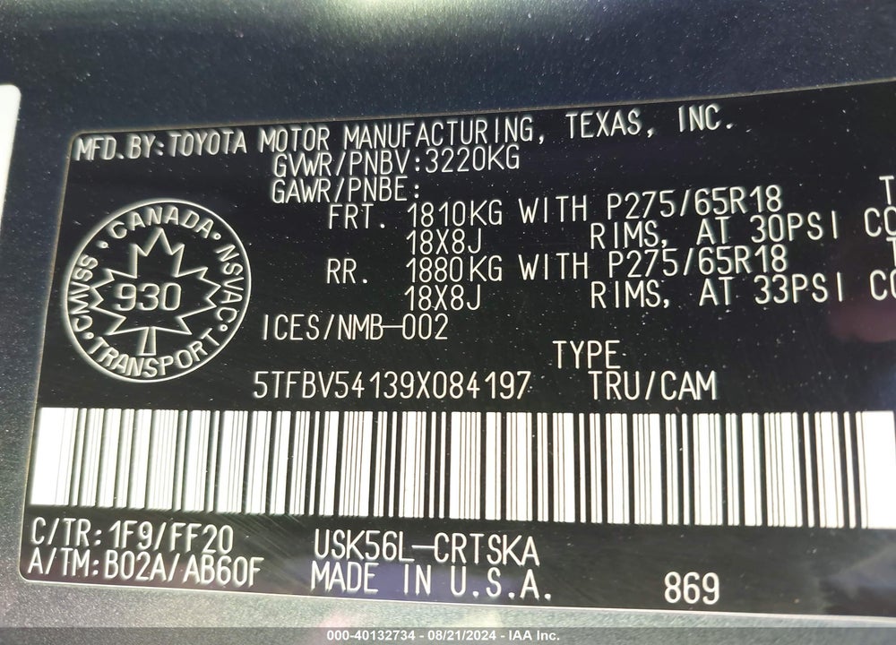 2009 TOYOTA TUNDRA SR5 5.7L V8 VIN: 5TFBV54139X084197