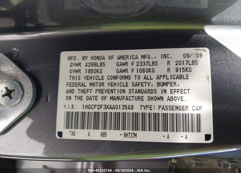 2010 HONDA ACCORD 2.4 LX VIN: 1HGCP2F3XAA013549