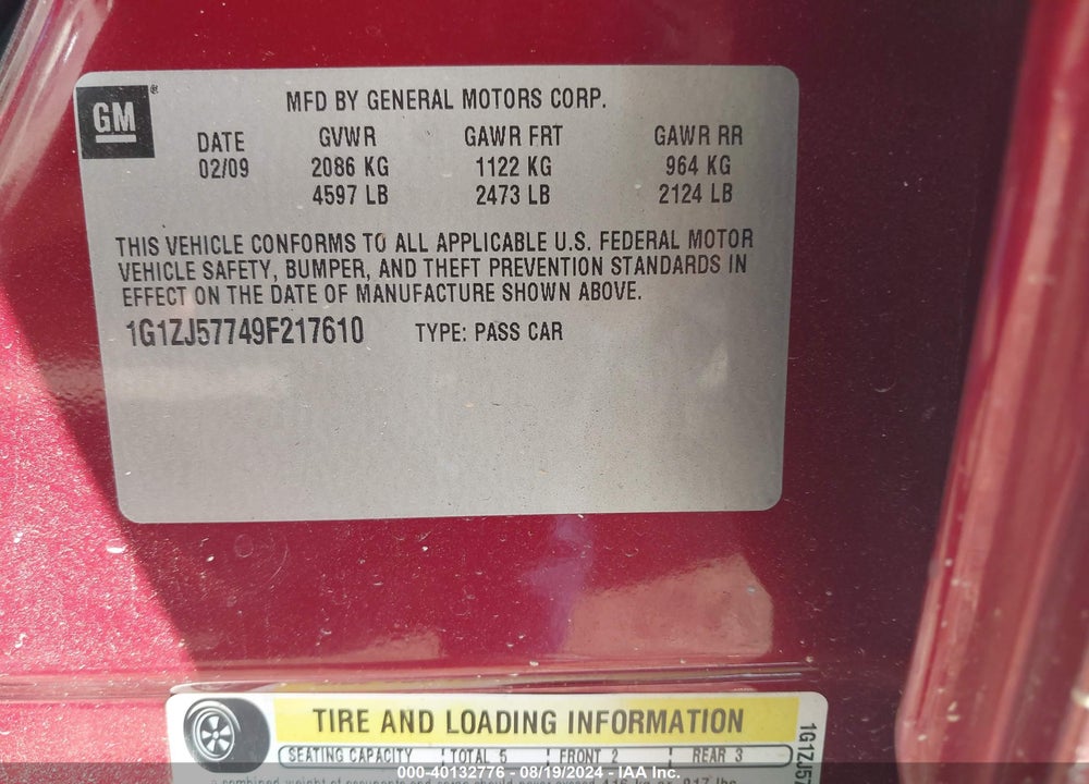 2009 CHEVROLET MALIBU LT VIN: 1G1ZJ57749F217610