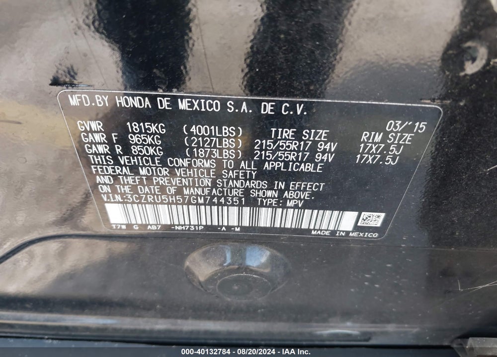 2016 HONDA HR-V EX VIN: 3CZRU5H57GM744351