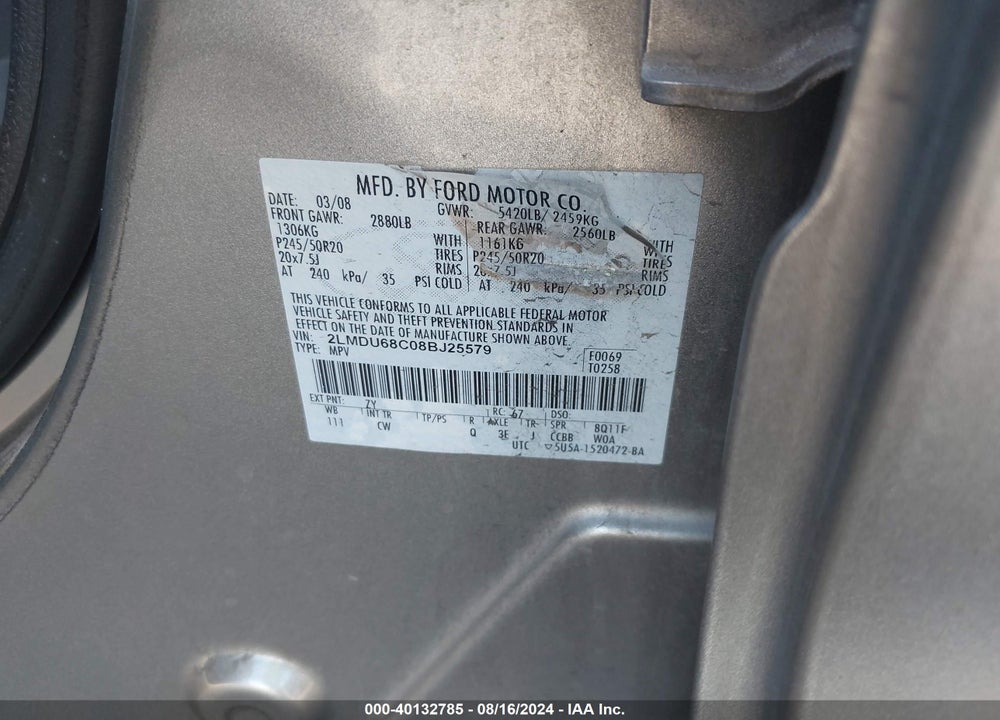 2008 LINCOLN MKX VIN: 2LMDU68C08BJ25579