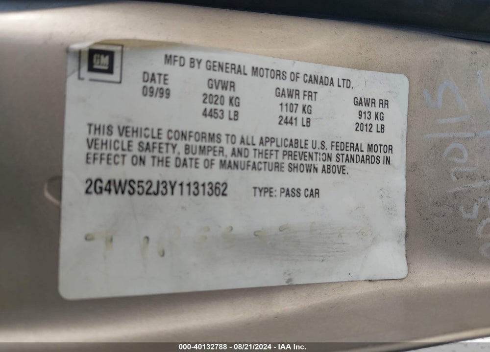 2000 BUICK CENTURY CUSTOM VIN: 2G4WS52J3Y1131362