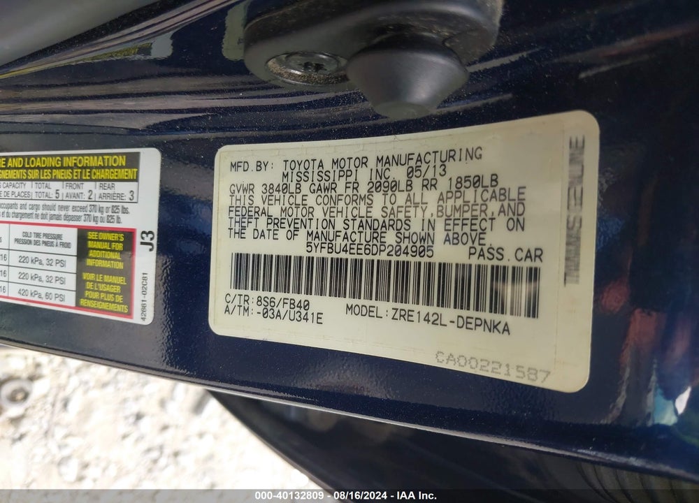 2013 TOYOTA COROLLA LE VIN: 5YFBU4EE6DP204905