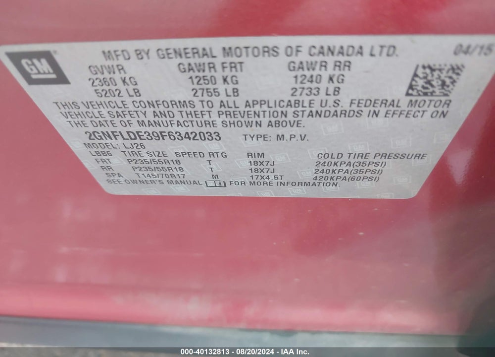 2015 CHEVROLET EQUINOX LTZ VIN: 2GNFLDE39F6342033