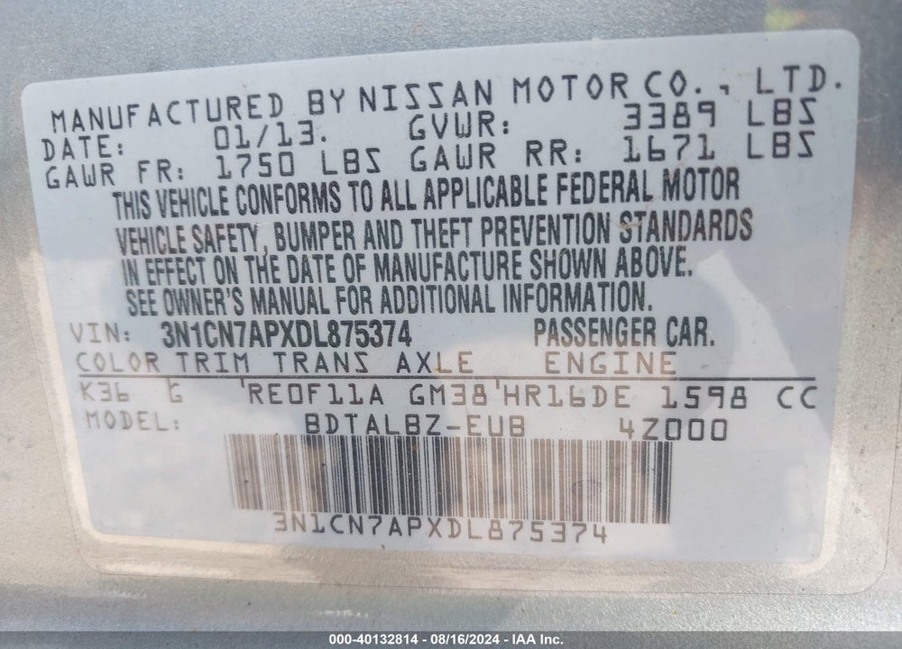 2013 NISSAN VERSA 1.6 SV VIN: 3N1CN7APXDL875374