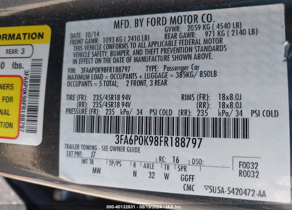 2015 FORD FUSION TITANIUM VIN: 3FA6P0K98FR188797