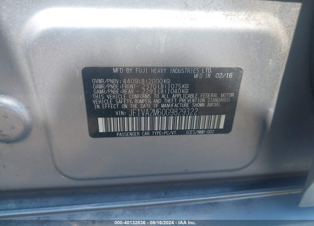 2016 SUBARU WRX STI VIN: JF1VA2M60G9829322