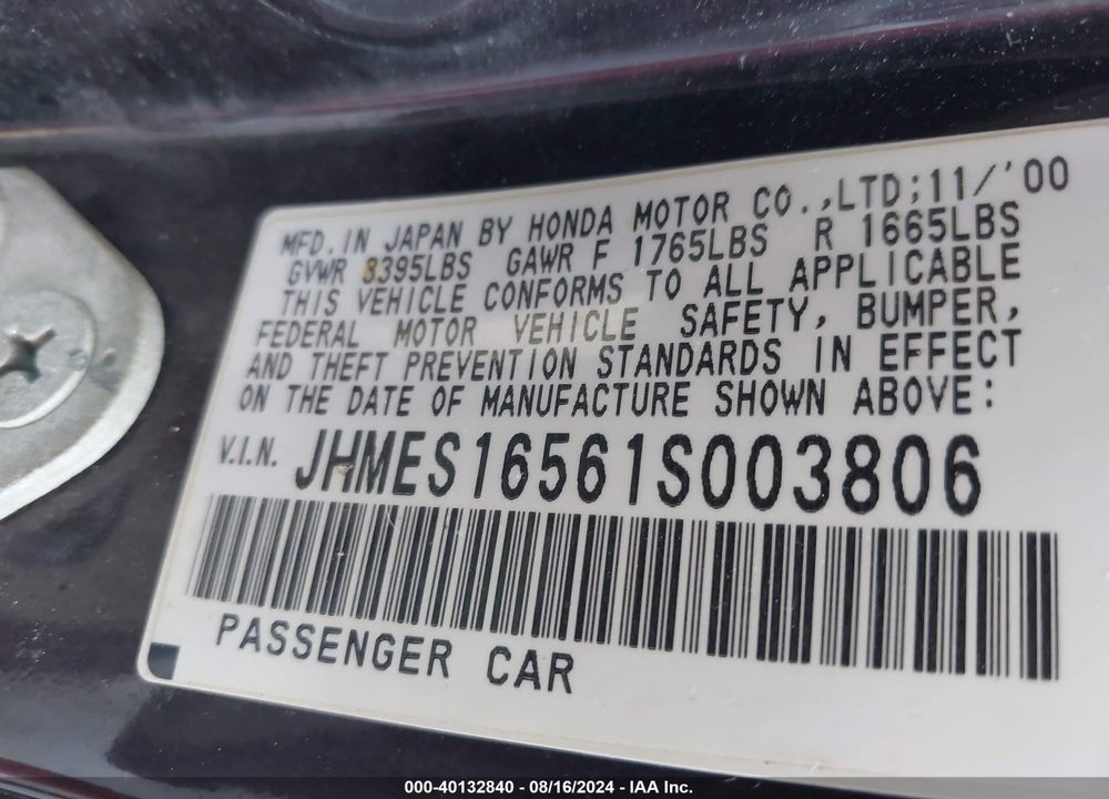 2001 HONDA CIVIC LX VIN: JHMES16561S003806