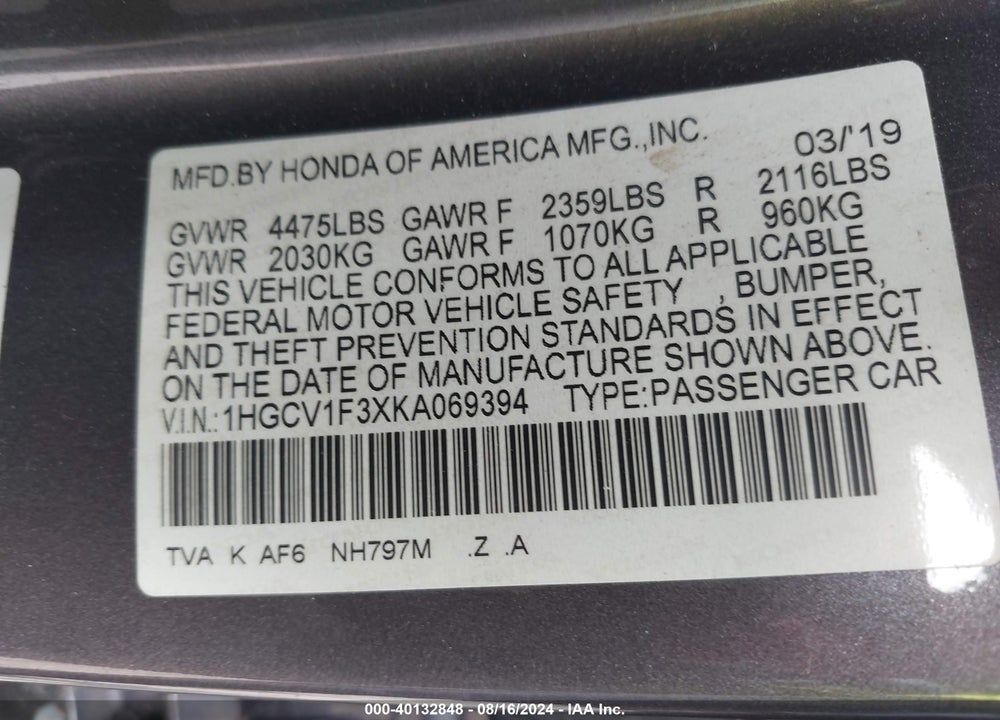 2019 HONDA ACCORD SPORT VIN: 1HGCV1F3XKA069394